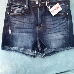 Dark Blue Frayed Hem Jean Shorts